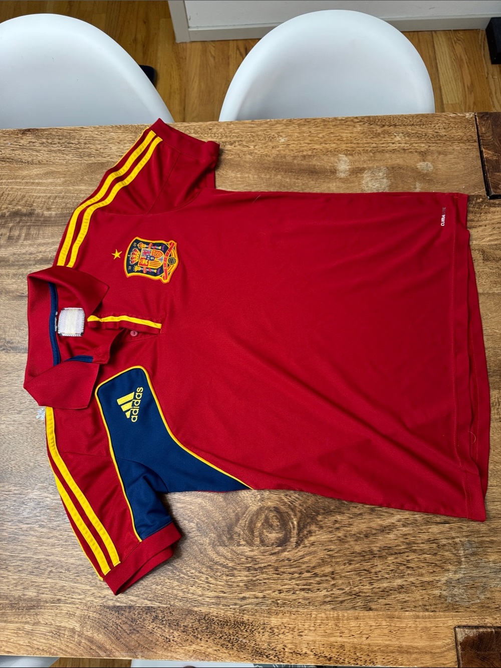 adidas Red Soccer Polo with Yellow Stripes and Navy Trim